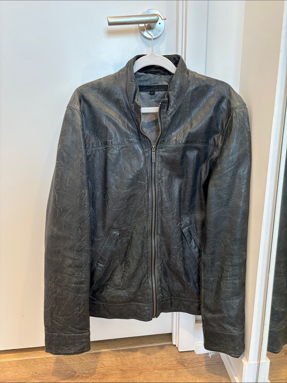 Kenneth Cole New York - Distressed Black Leather Bomber Jacket